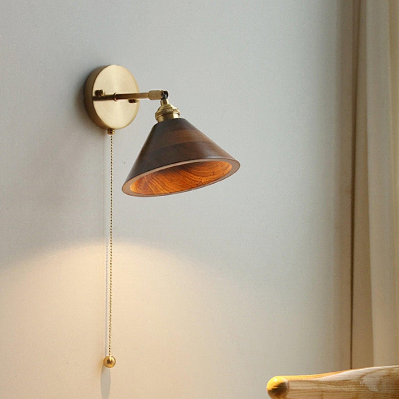 Harlow Vintage Pull Chain Wall Lamp – Wooden Dome Design