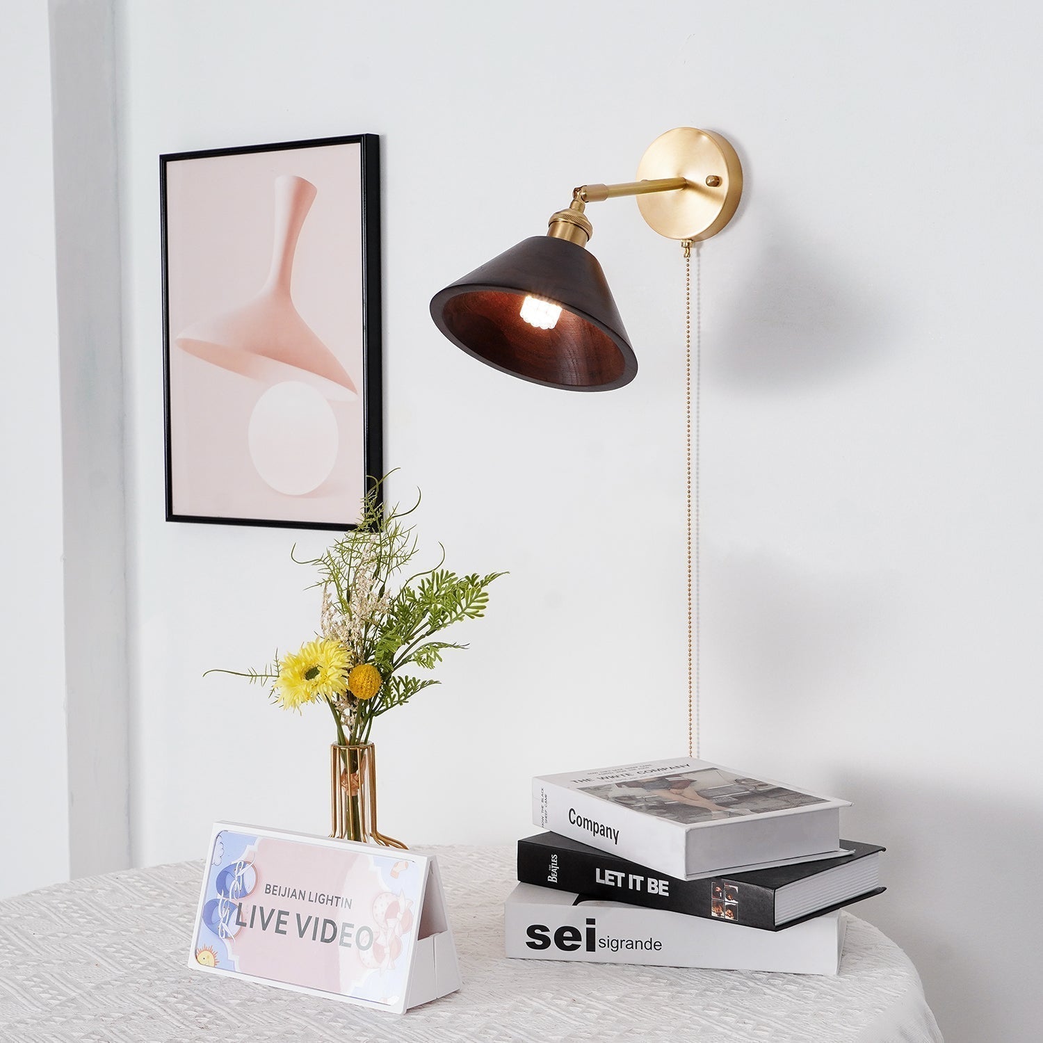 Harlow Vintage Pull Chain Wall Lamp – Wooden Dome Design