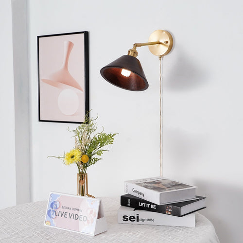 Harlow Vintage Pull Chain Wall Lamp – Wooden Dome Design